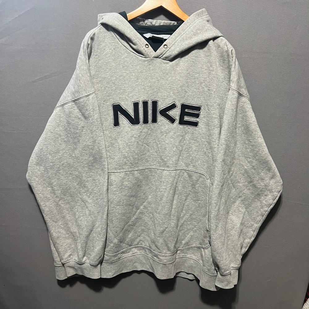 Nike Spellout Hoodie Mens XXL Heather Grey Navy Blue Logo Pullover Sweatshirt